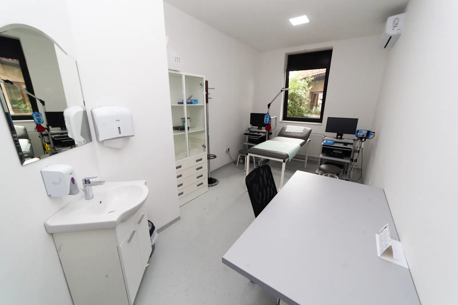 Bright, clean veterinary clinic interior with a modern consultation room and treatment table
